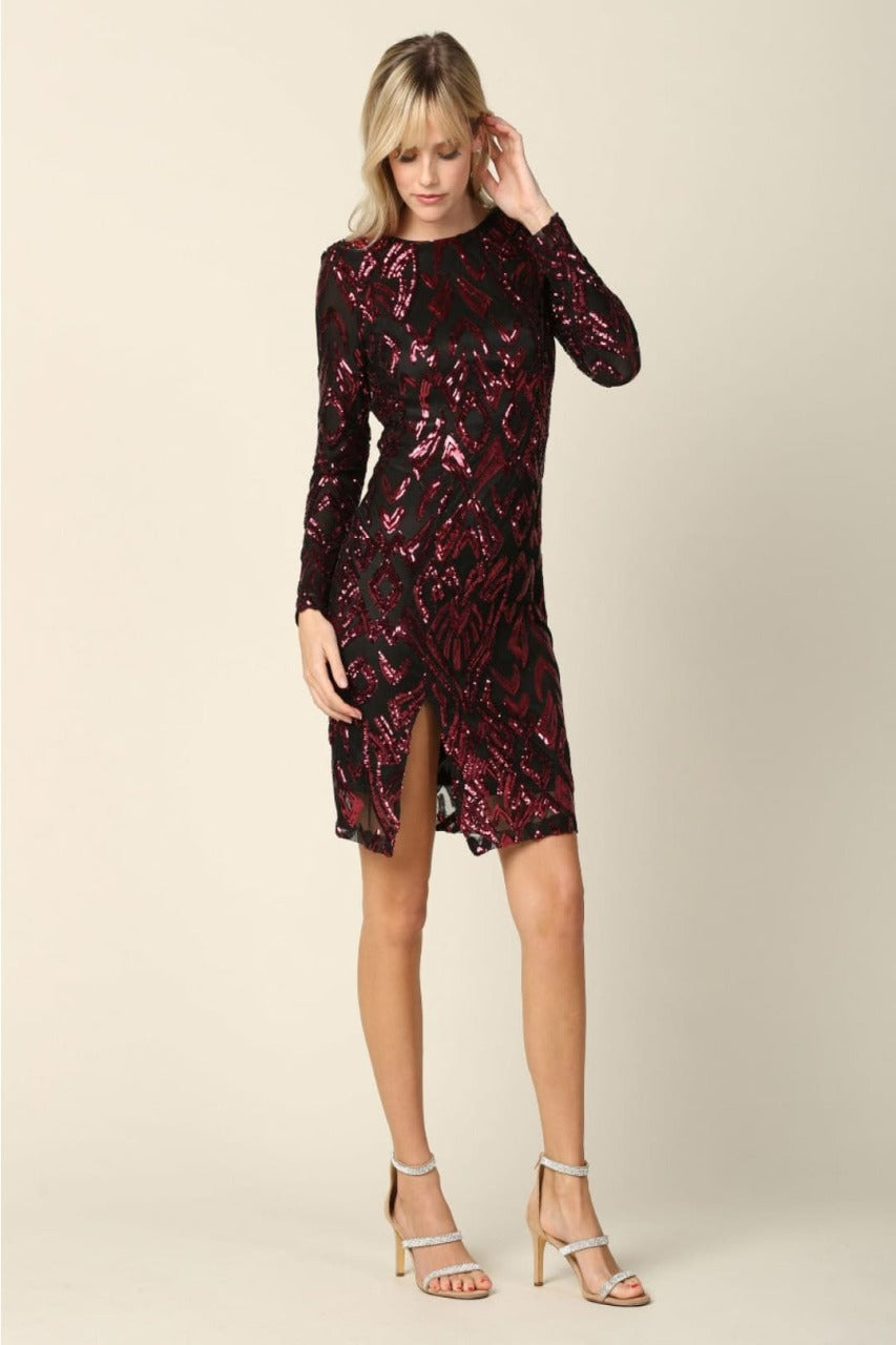 Eva USA 3374 Long Sleeve Sequin Short Semi-Formal Dress - BURGUNDY / S - Dress