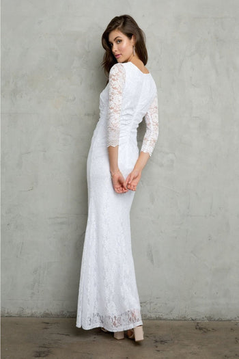 Eva USA 3397B Ruched 3/4 Sleeve White Wedding Dress - WHITE / S - Dress