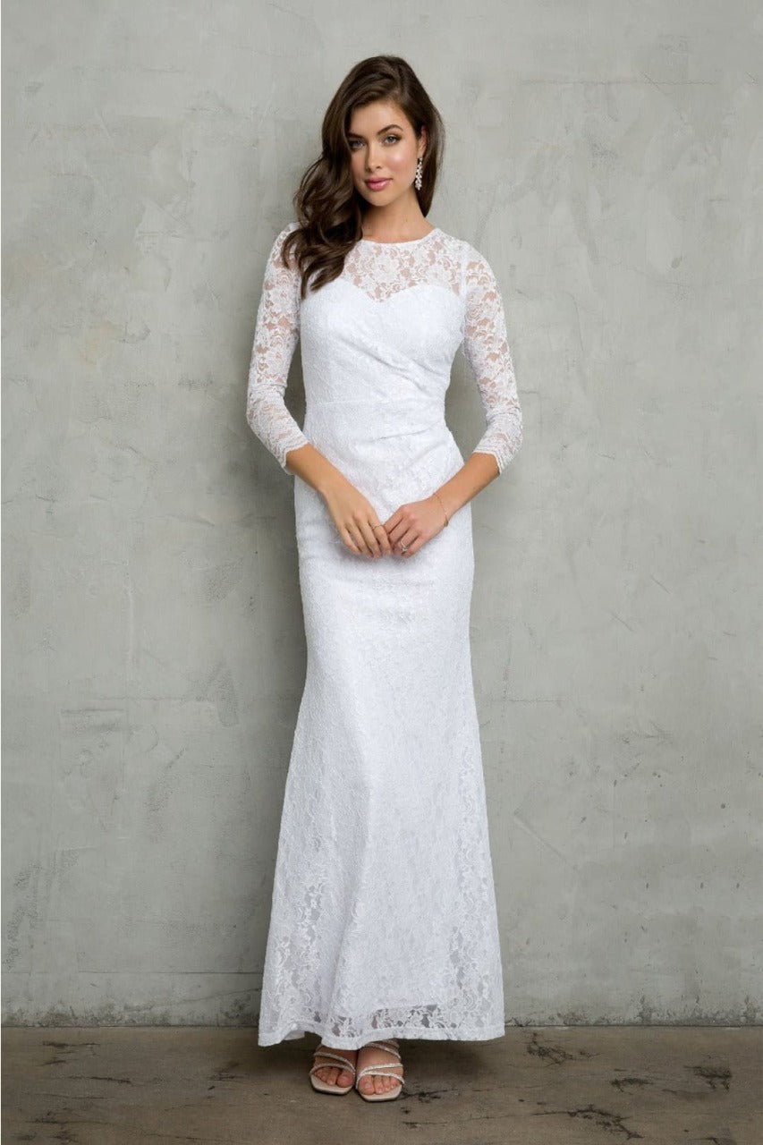 Eva USA 3397B Ruched 3/4 Sleeve White Wedding Dress - WHITE / S - Dress