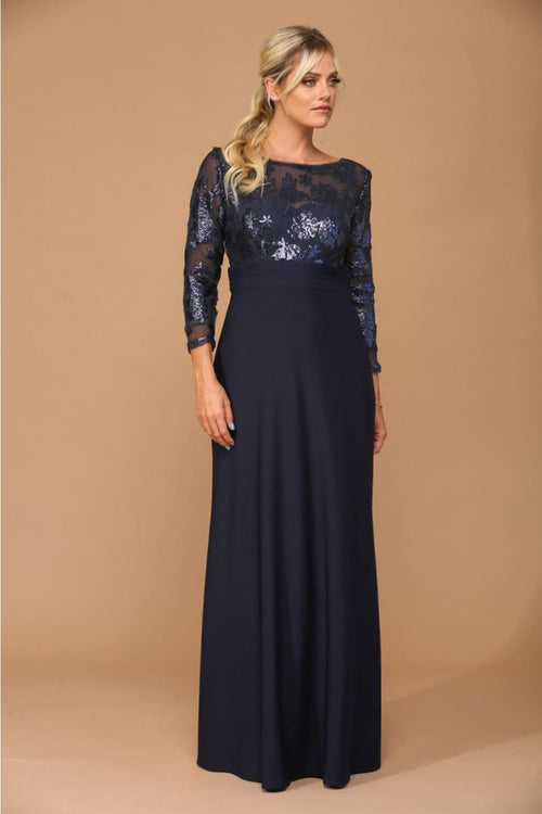 Eva USA 3453 Mother of the Bride Lace Long Formal Gown - NAVY / M - Dress