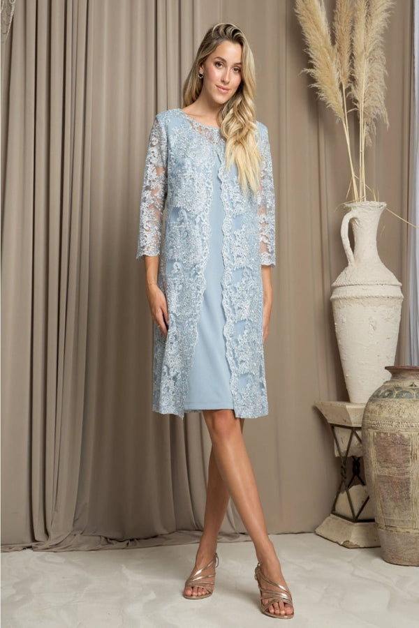 Eva USA 3479 Knee-Length Mother of the Bride Cocktail Jacket Dress - DUSTY BLUE / M - Dress