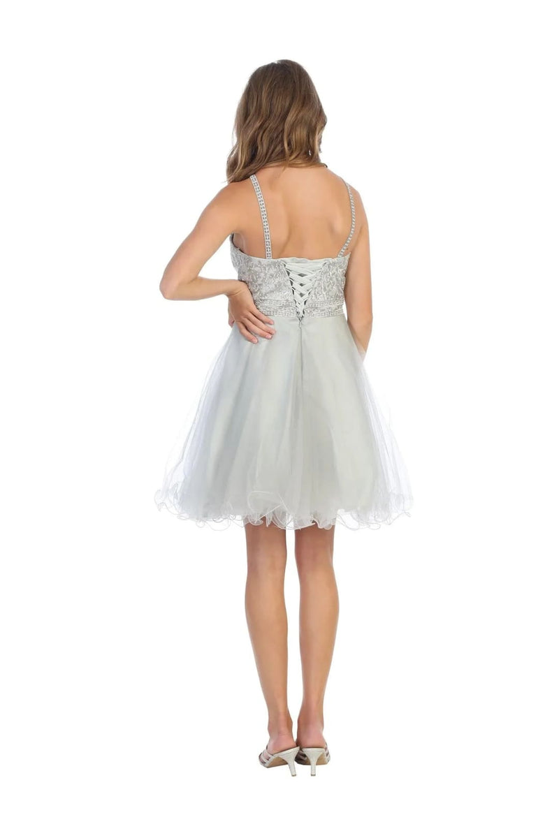 slim fit dress slacks Eva USA 5210 Sleeveless Short Halter Graduation Dress