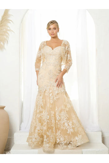 Eva USA 5250 Long Formal Mermaid Prom Bolero Dress - Champagne / S - Formal Dresses