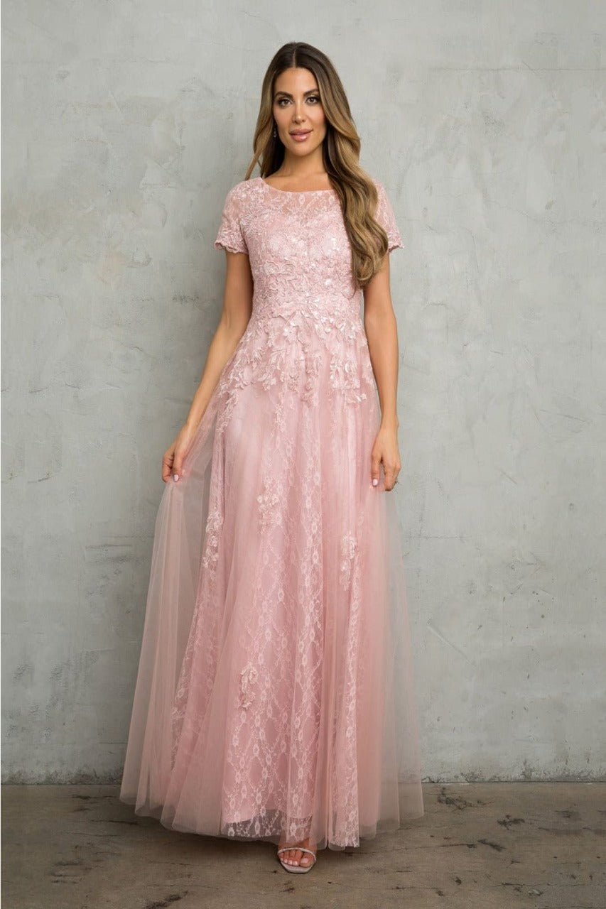 Eva USA 5261 Monochrome Applique Tulle Mother of the Bride Gown - DUSTY ROSE / S - Dress