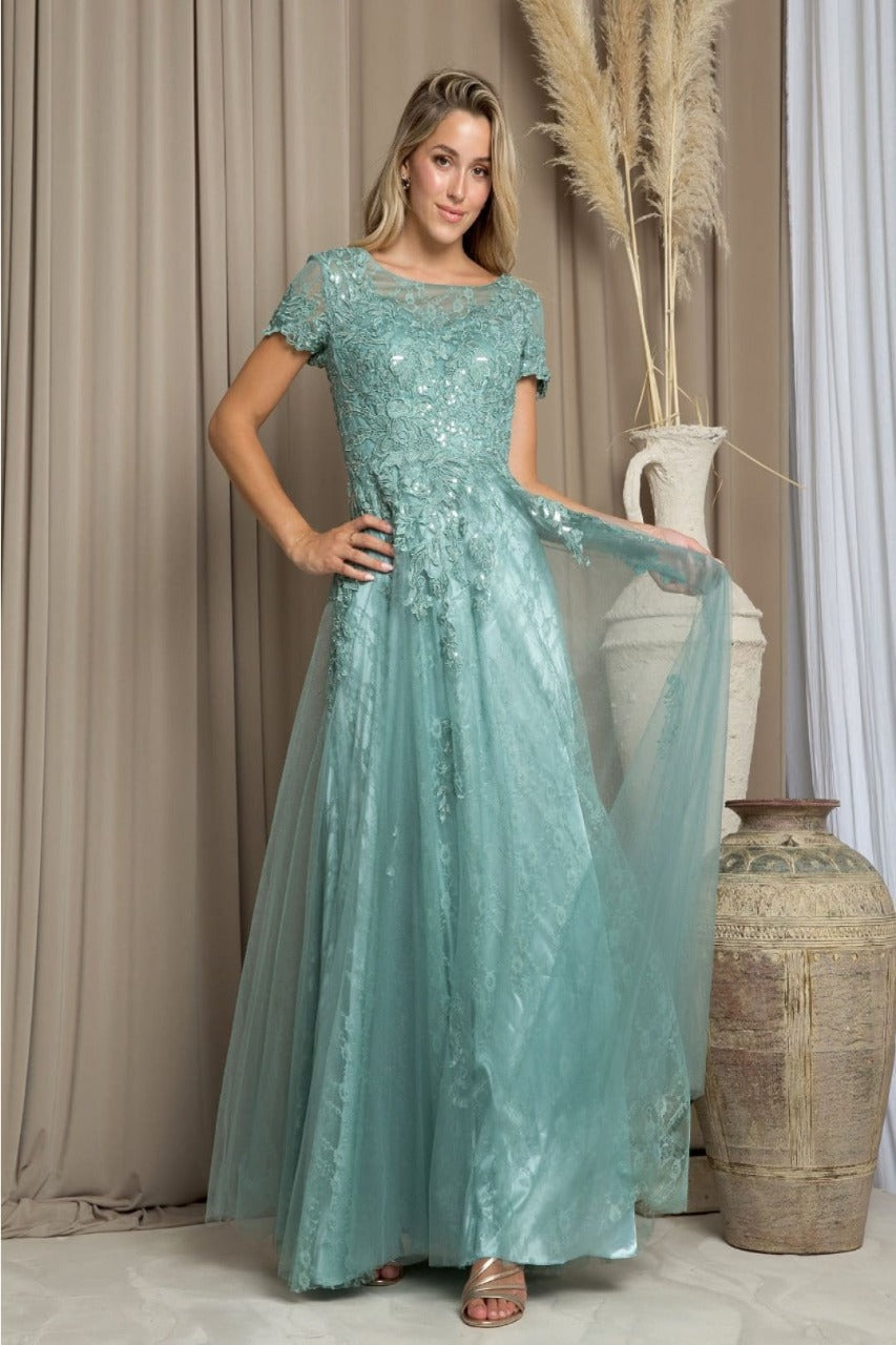 Eva USA 5261 Monochrome Applique Tulle Mother of the Bride Gown - SAGE / S - Dress