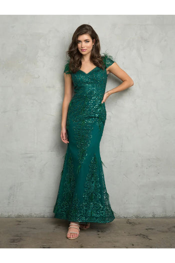 Eva USA 5264 Fitted Long Formal Glitter Evening Dress - Hunter Green / S - Mother of the Bride Dresses