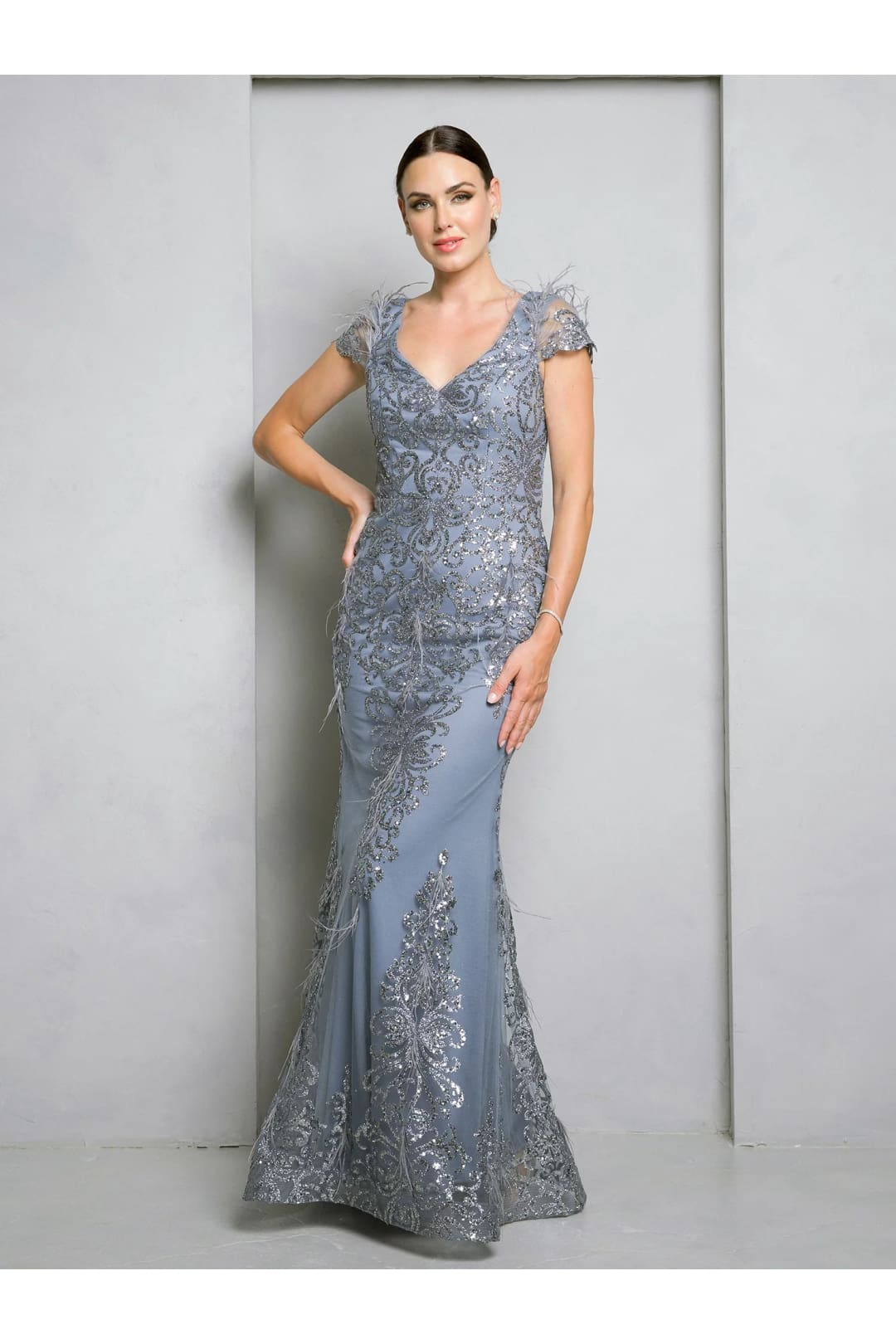 Eva USA 5266 Long Formal Glitter Applique Evening Dress - Smokey Blue / S - Mother of the Bride Dresses