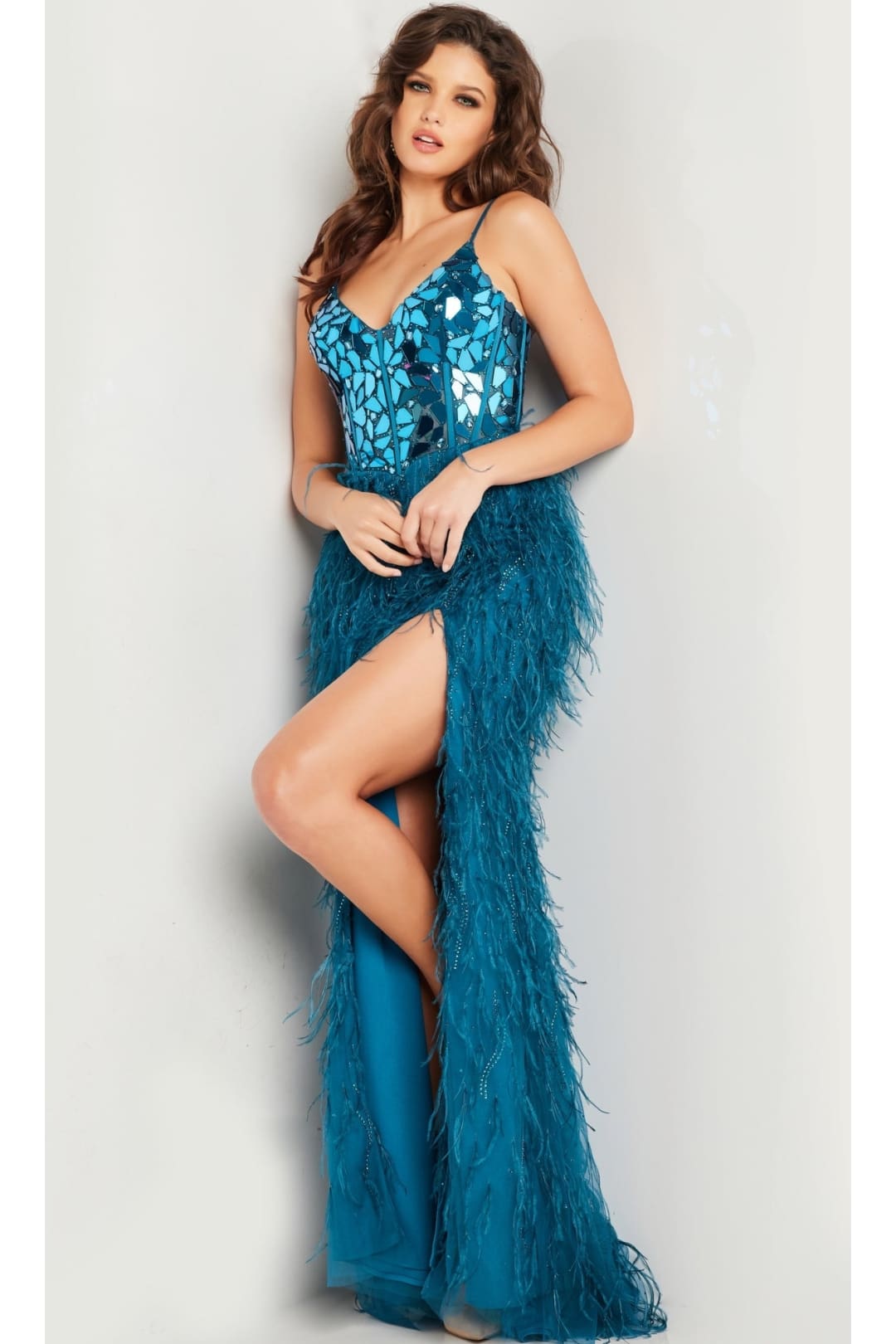 Feather Long Sequin Prom Dress: Jovani 37435 - Teal / Apparel & Accessories > Clothing > Dresses
