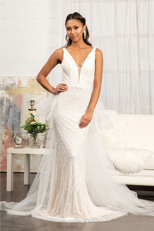 Fitted Floral Applique Wedding Gown by Elizabeth K GL3014 - XS / Ivory/Champagne - Wedding Dresses