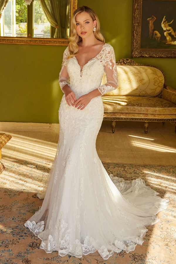 Fitted Long Sleeve Bridal Gown by GLS Gloria GL3535 - XS / Off White - Long Formal Dresses