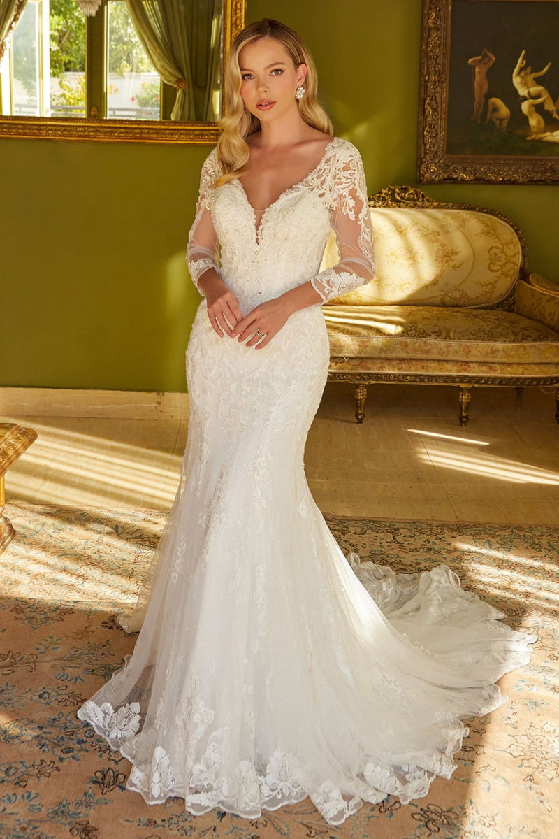 Fitted Long Sleeve Bridal Gown by GLS Gloria GL3535 2XL / Off White Fitted Long Sleeve Bridal Gown by GLS Gloria GL3535 2XL / Off White