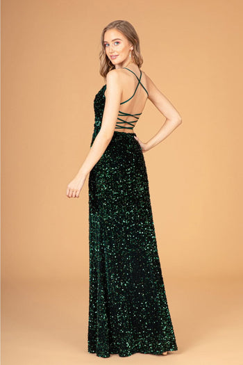 Fitted Sequin V-Neck Slit Gown by Elizabeth K GL3080 - Long Formal Dresses