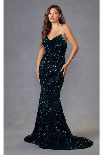 Fitted Sleeveless Long Sequin Velvet Dress by Juliet 2406 - Dress