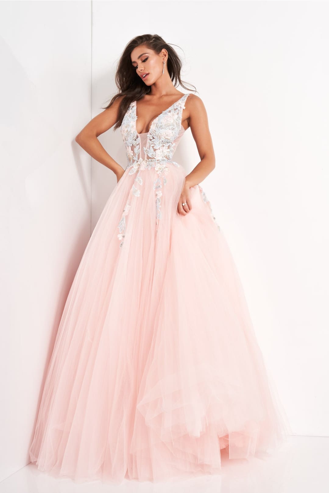Floral Applique Sleeveless A-line Gown by Jovani 11092 - 00 / Blush - Long Formal Dresses