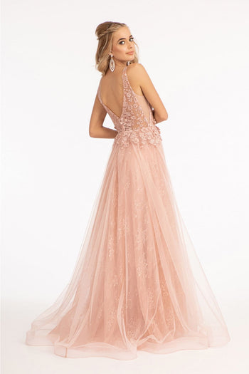 Floral Applique Slit Gown by Elizabeth K GL3012 - XS / Rose Gold - Long Formal Dresses