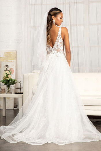 Floral Applique Slit Gown by Elizabeth K GL3012 - XS / Ivory - Long Formal Dresses