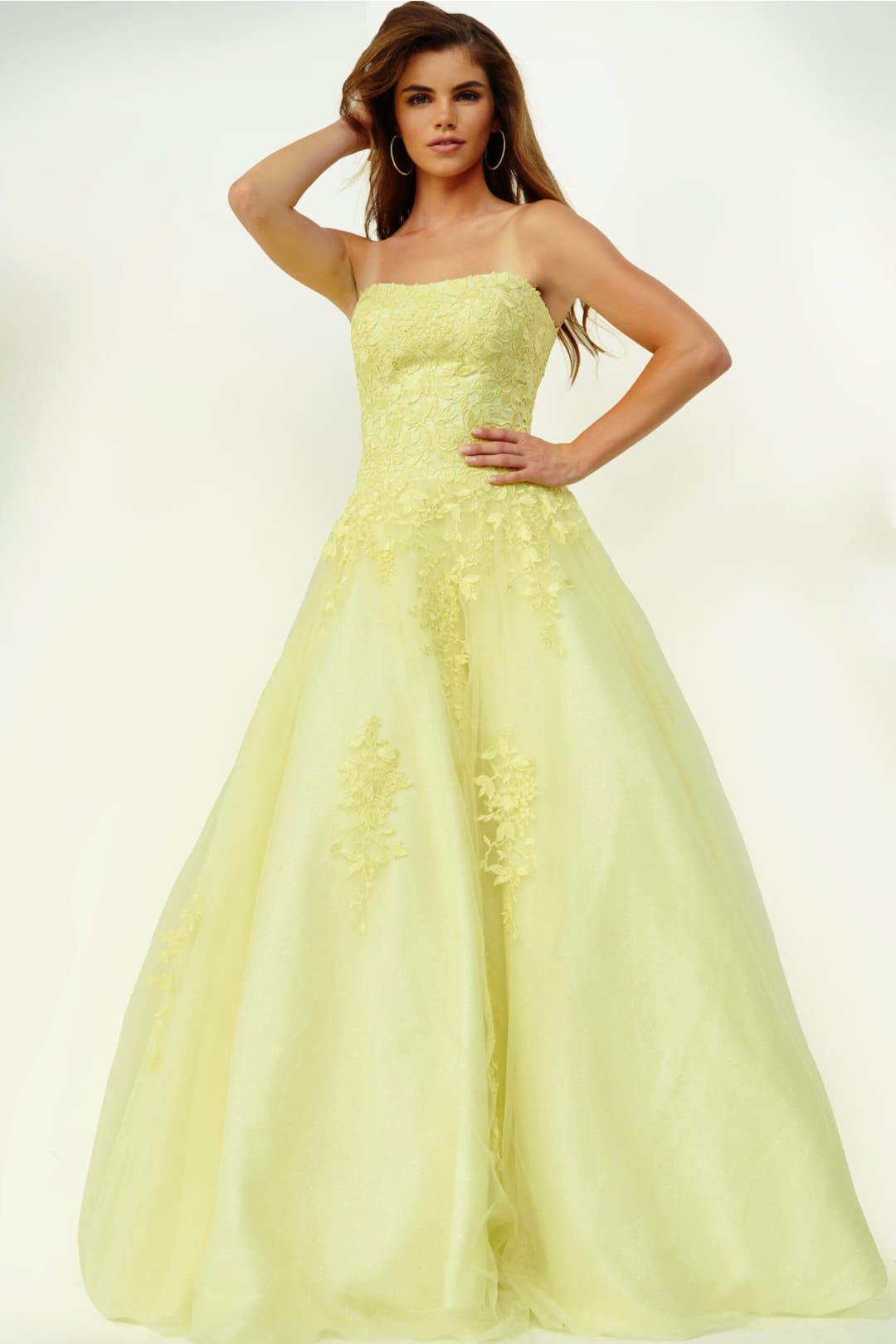 Floral Applique Strapless A-line Gown by Jovani 1831 - 00 / Light Yellow - Long Formal Dresses