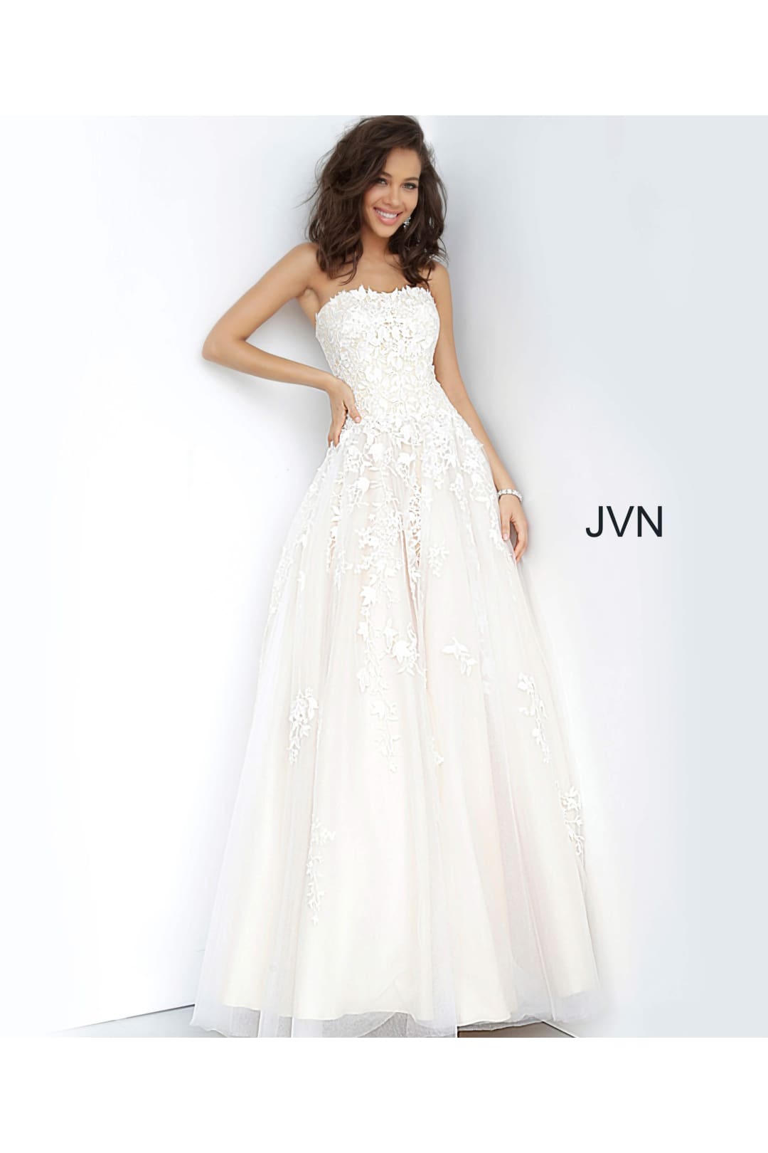 Floral Applique Strapless A-line Gown by Jovani 1831 - 00 / Off White/Nude - Long Formal Dresses