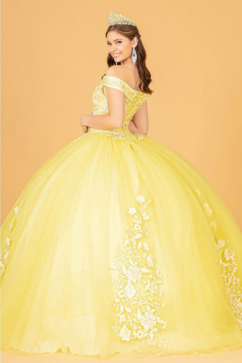 Floral Embroidered Off Shoulder Ball Gown by Elizabeth K GL2802 - XS / Yellow - Quinceanera Dresses