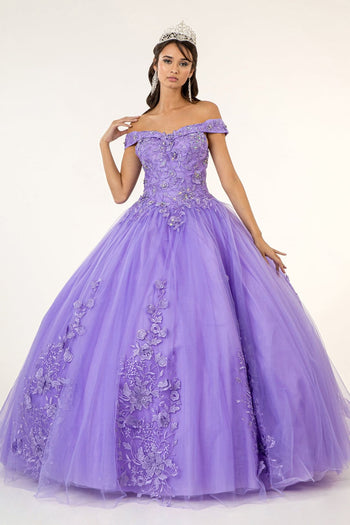 Floral Embroidered Off Shoulder Ball Gown by Elizabeth K GL2802 - XS / Lilac - Quinceanera Dresses