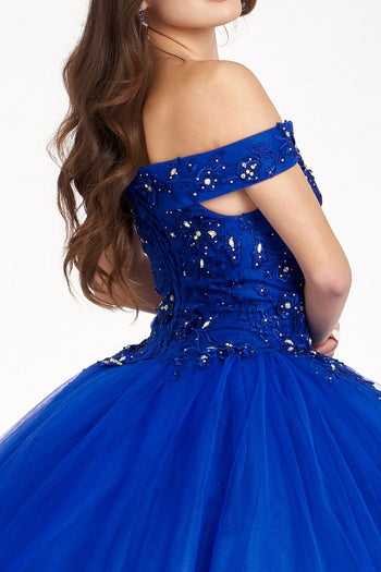 Floral Embroidered Off Shoulder Ball Gown by Elizabeth K GL2802 - XS / Royal Blue - Quinceanera Dresses
