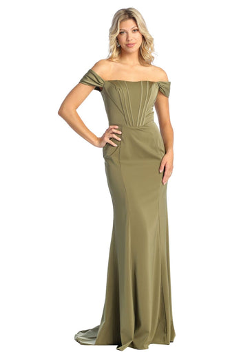Off Shoulder Boned Bodice Long Dress - Olive / 4