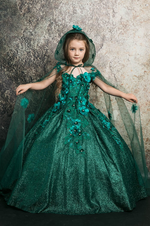 Girls 3D Floral Glitter Cloak Ball Gown by Bella Princess PK1002