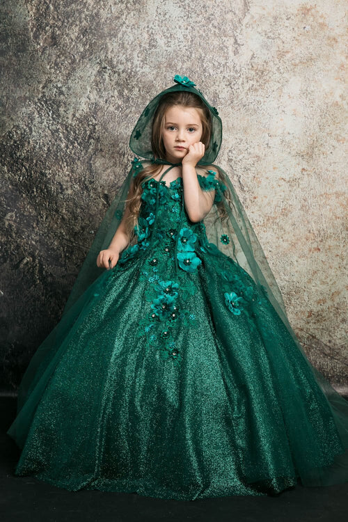 Girls 3D Floral Glitter Cloak Ball Gown by Bella Princess PK1002
