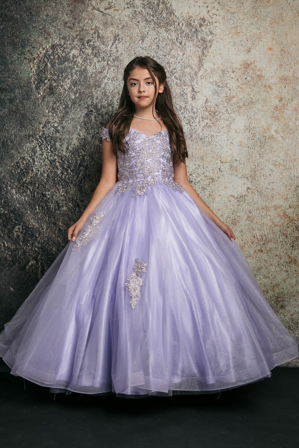 Girls Applique Off Shoulder Gown by Bella Princess C338