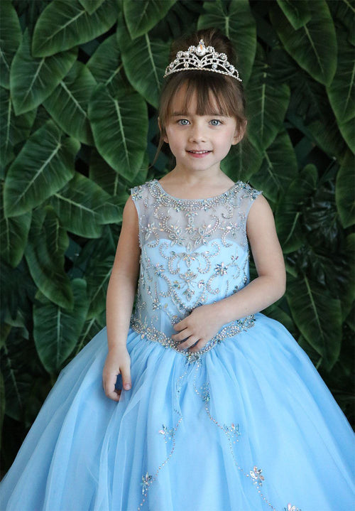 Girls Long Beaded Illusion Dress with A-Line Skirt by Calla KY220