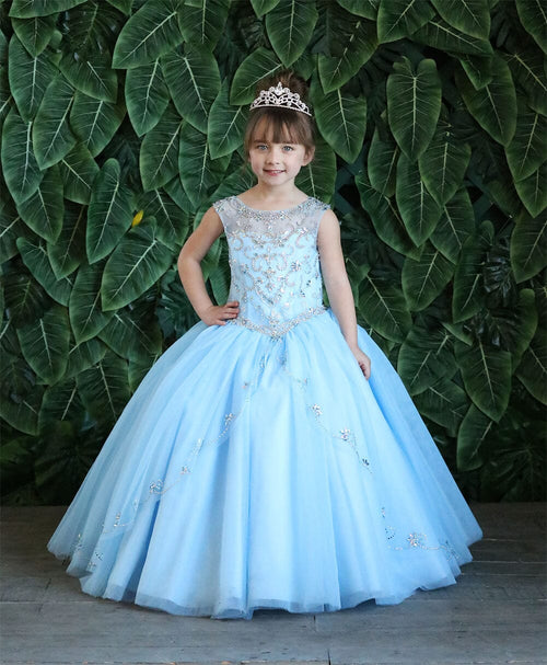 Girls Long Beaded Illusion Dress with A-Line Skirt by Calla KY220