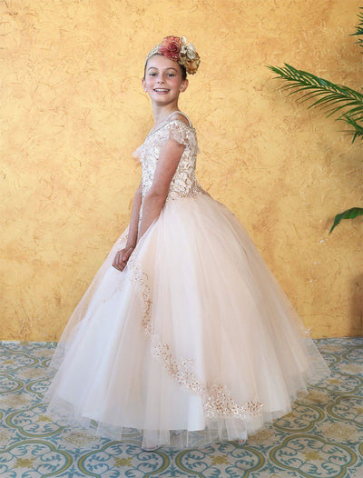 Girls Embroidered Long Off Shoulder Dress by Calla KY216