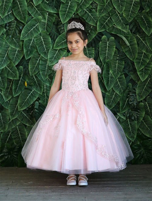 Girls Embroidered Long Off Shoulder Dress by Calla KY216-Girls Formal Dresses-ABC Fashion