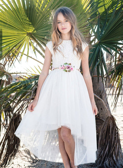 Girls High Low Dress with Lace Bodice and Floral Belt by Calla SLD1177