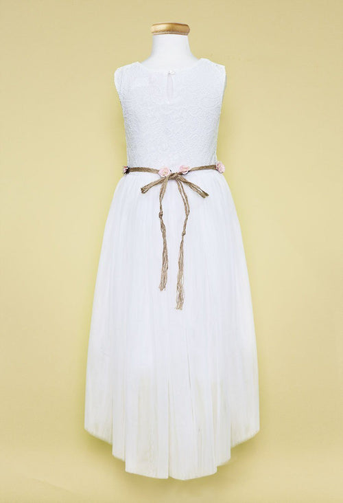 Girls High Low Dress with Lace Bodice and Floral Belt by Calla SLD1177