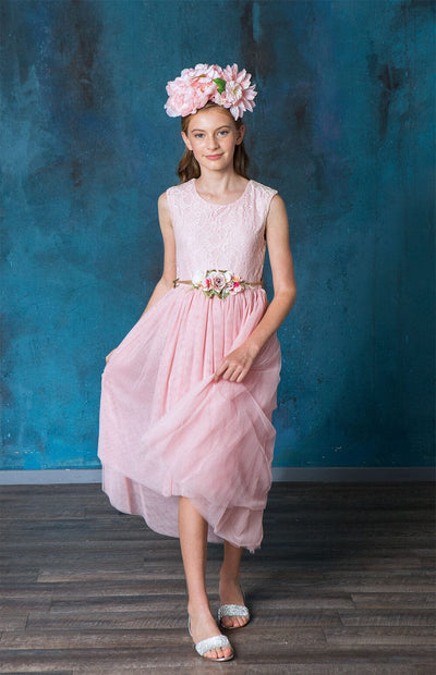 Girls High Low Dress with Lace Bodice and Floral Belt by Calla SLD1177