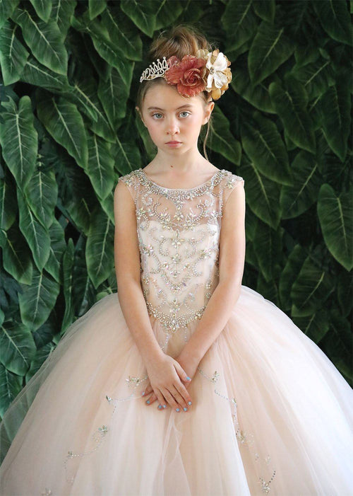Girls Long Beaded Illusion Dress with A-Line Skirt by Calla KY220