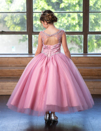 Girls Long Beaded Illusion Dress with A-Line Skirt by Calla KY220