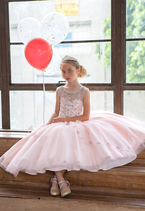 Girls Long Beaded Illusion Dress with A-Line Skirt by Calla KY220