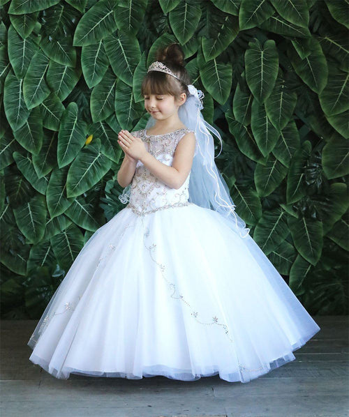 Girls Long Beaded Illusion Dress with A-Line Skirt by Calla KY220