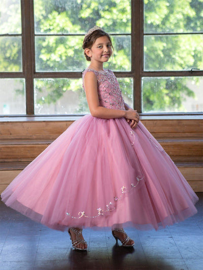Girls Long Beaded Illusion Dress with A-Line Skirt by Calla KY220