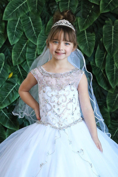 Girls Long Beaded Illusion Dress with A-Line Skirt by Calla KY220