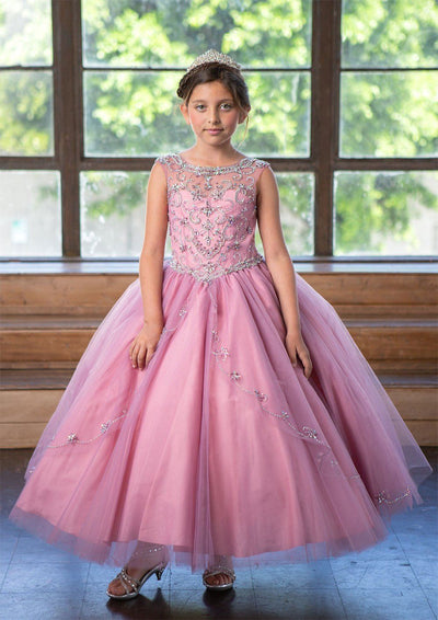Girls Long Beaded Illusion Dress with A-Line Skirt by Calla KY220