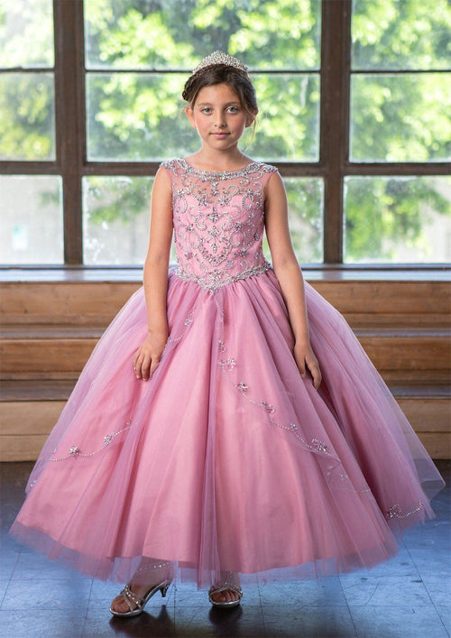 Girls Long Beaded Illusion Dress with A-Line Skirt by Calla KY220