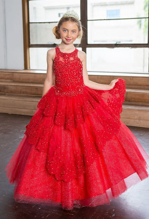 Girls Long Beaded Lace Dress with Glitter Skirt by Calla KY224
