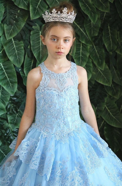 Girls Long Beaded Lace Dress with Glitter Skirt by Calla KY224