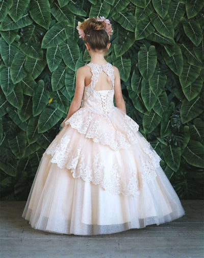 Girls Long Beaded Lace Dress with Glitter Skirt by Calla KY224