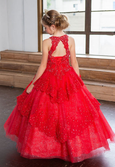 Girls Long Beaded Lace Dress with Glitter Skirt by Calla KY224
