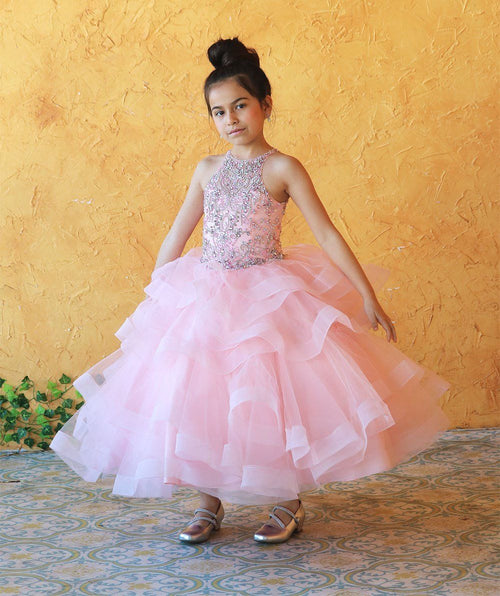 Girls Long Layered Dress with Beaded Bodice by Calla KY217