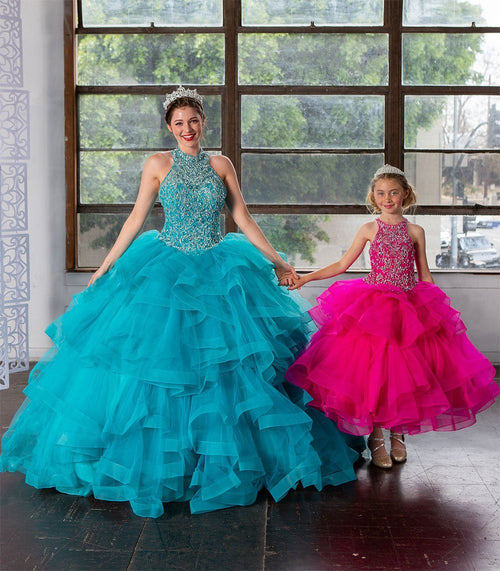 Girls Long Layered Dress with Beaded Bodice by Calla KY217